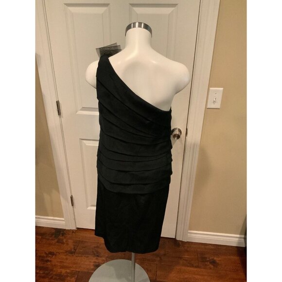 Kay Unger Black One Shoulder Silk Sheath Dress W/ Oversized Bow, Size 12 - Picture 5 of 6